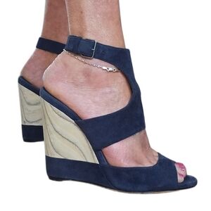 Miu Miu Navy Blue Suede Leather Wedge Heels 37.5